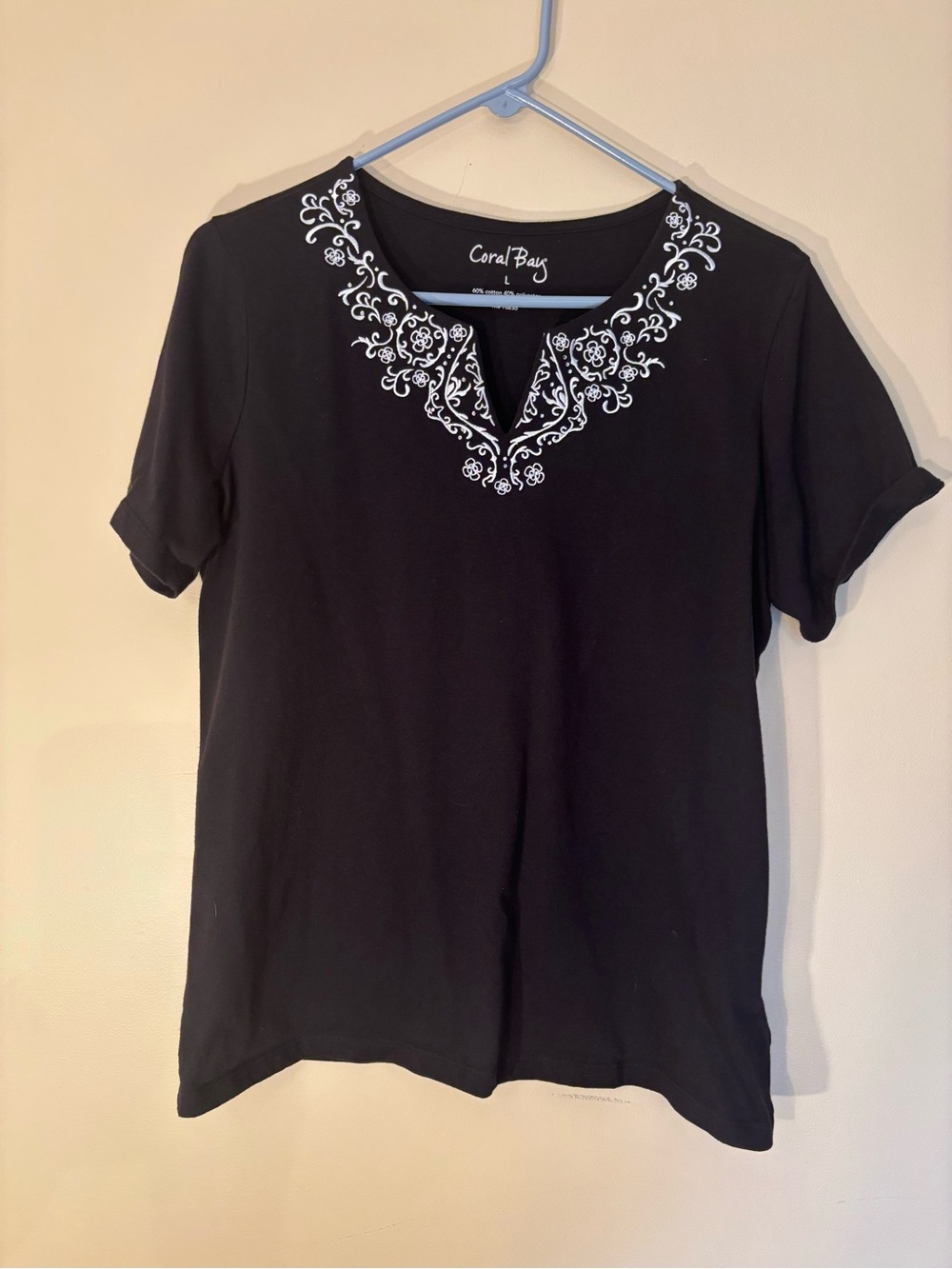 Coral Bay Black Short-Sleeve Tee with White Embroidered Neckline